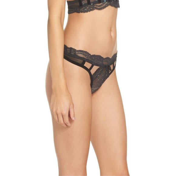PALINDROME Mimi Cut-Out Sheer Lace Sexy Thong Panty Black Medium NEW - Picture 4 of 8